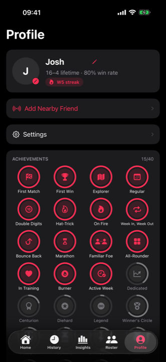 Profile screen with lifetime record and the achievements grid