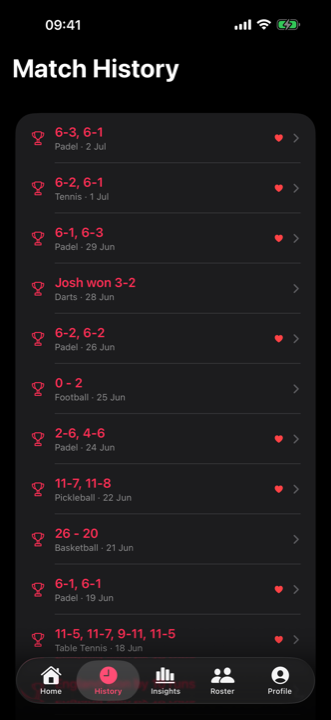Match History list showing padel, tennis, darts and football results