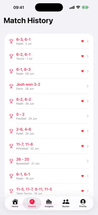 Match History list in light mode