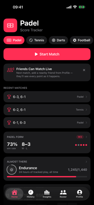 Home dashboard with recent form, quick start and streak