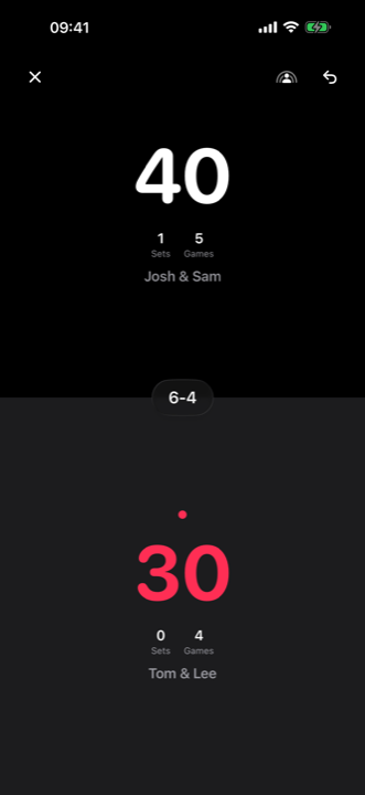 Sport Score Tracker live padel match screen with two large tap targets and the score