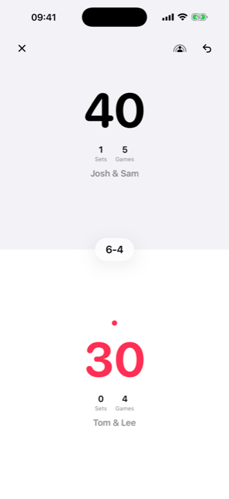 Sport Score Tracker live padel match screen in light mode