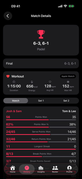 Match Details screen with per-match play-by-play stats and the workout card